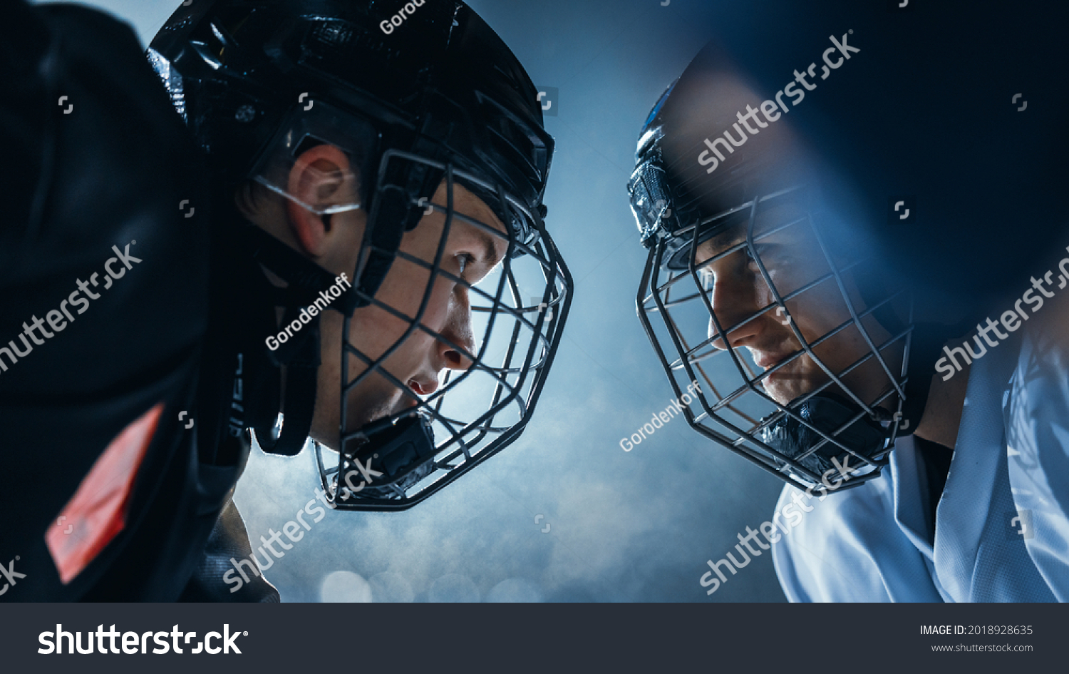 Ice Hockey Rink Arena Game Start: Two Professional Players Aggressive Face off, Sticks Ready. Intense Competitive Game Wide of Brutal Energy, Speed, Power, Professionalism, Skill. Close-up Shot. #2018928635