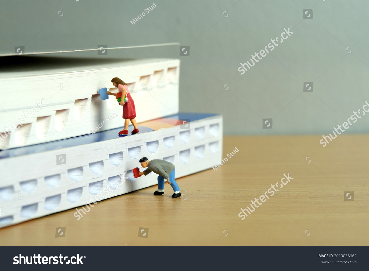 Miniature people toy figure photography. Bookshelf library concept. A group of student pupil returning and borrow a book. Image photo #2019036662