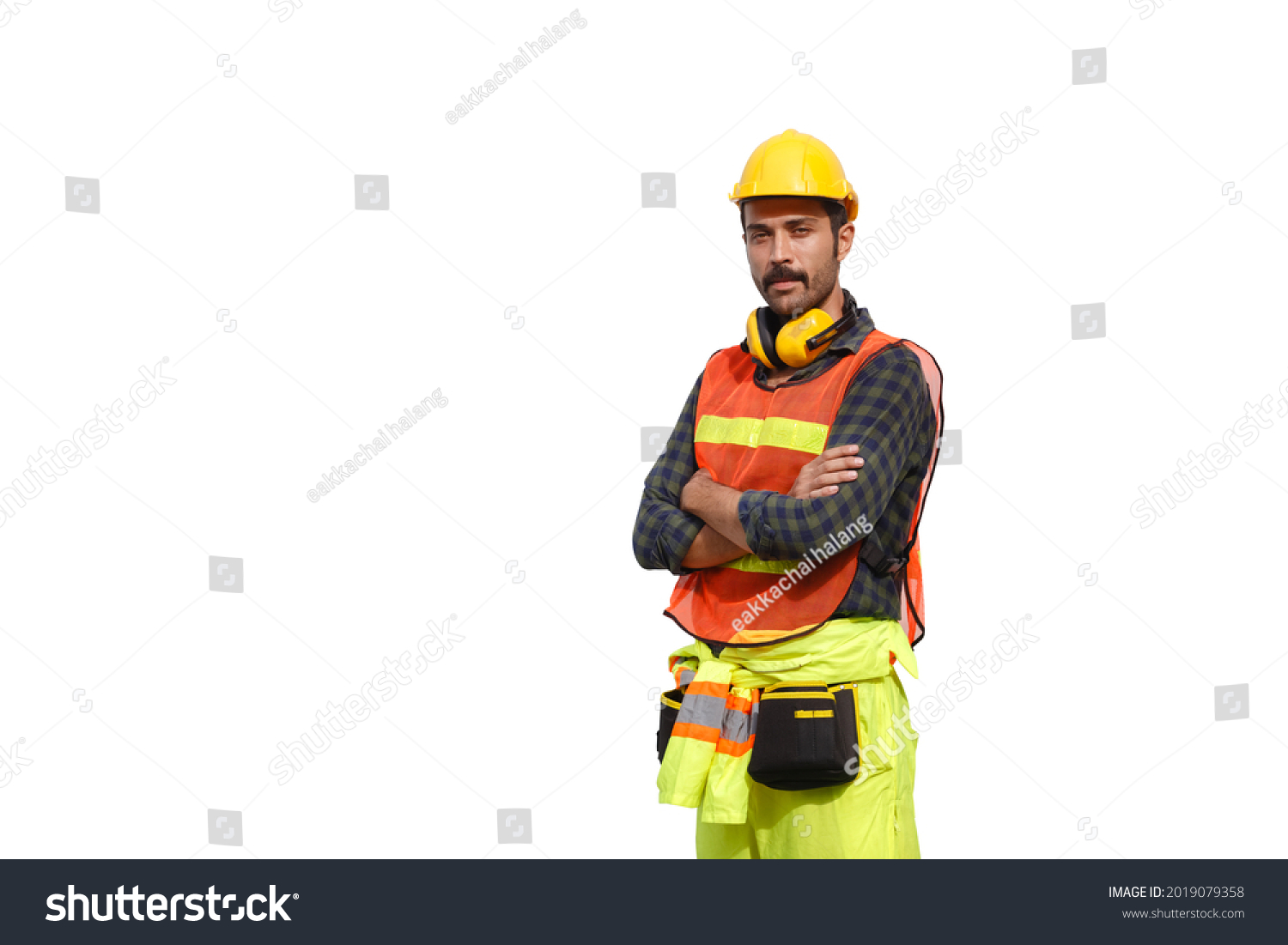portrait man engineering wear uniform and safety helmet isolated on white background. Foreman controls loading containers. clipping path. #2019079358
