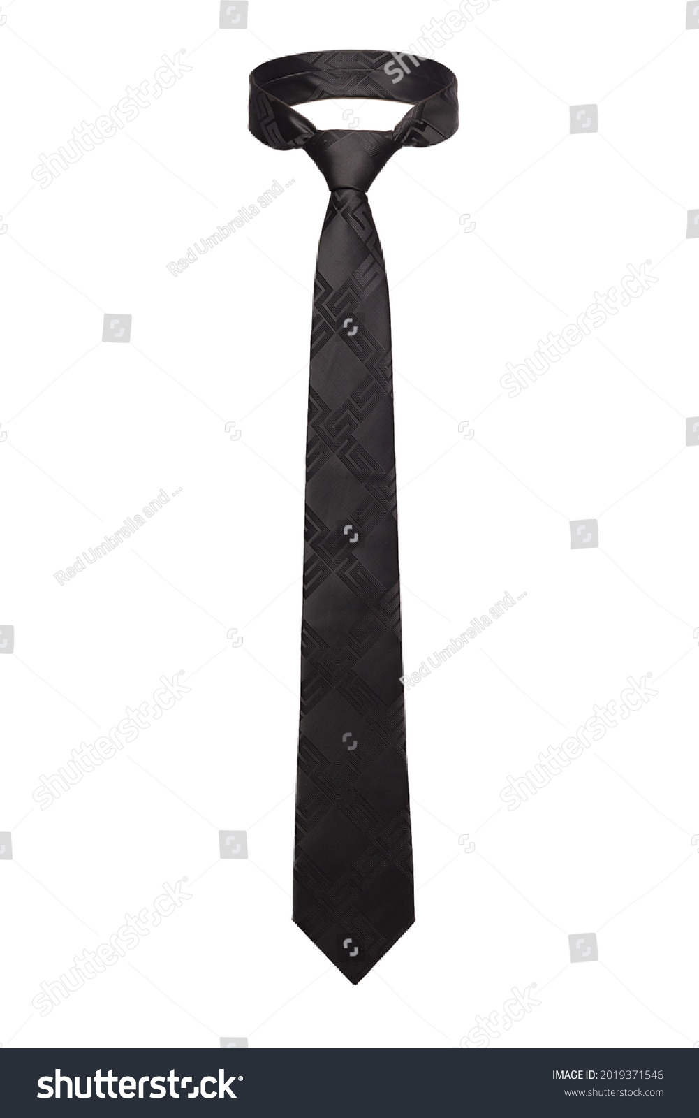 Subject shot of silk tie with geometric Greece pattern. Classic necktie is isolated on the white background. #2019371546