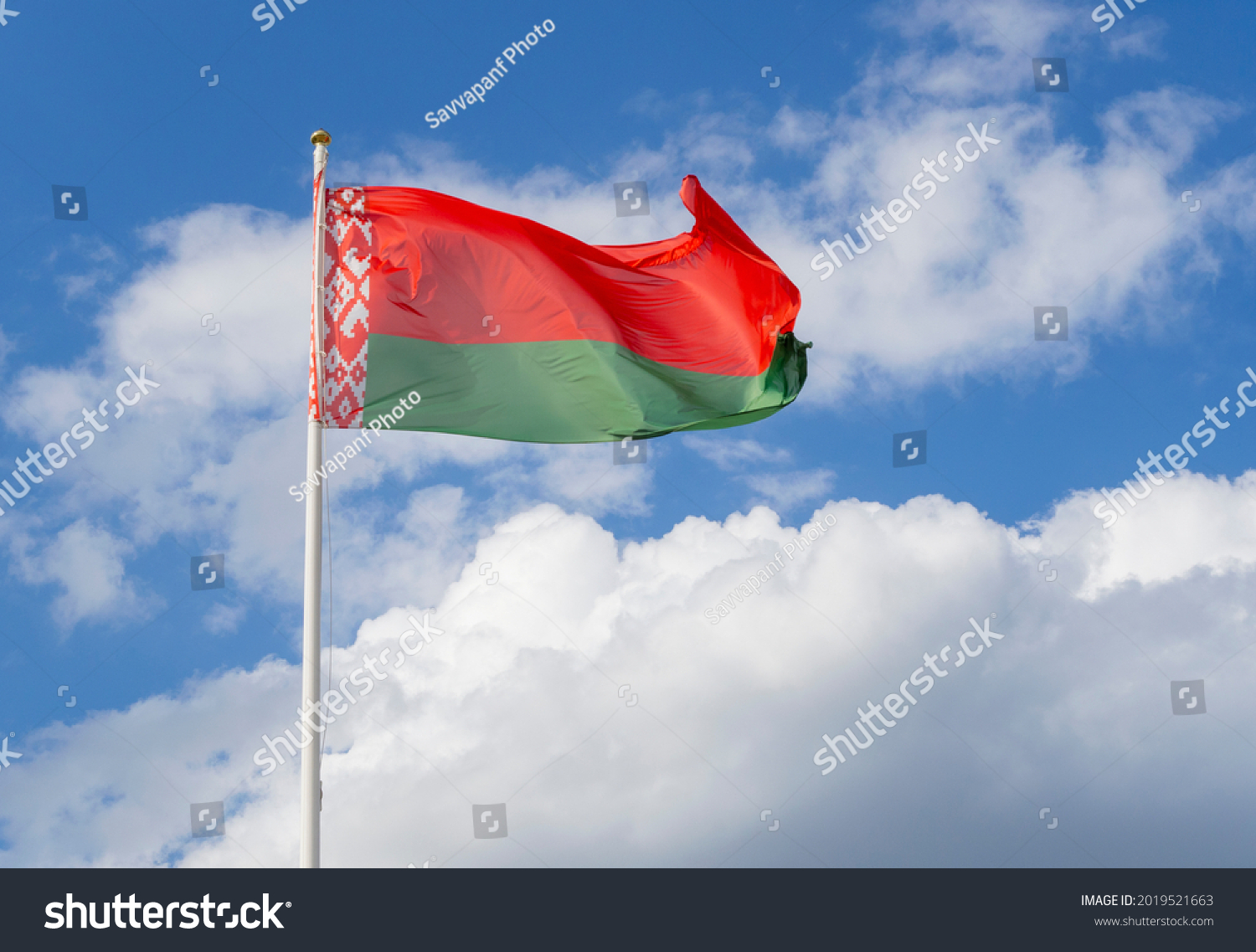 Flag of Belarus on flagpole waving against blue sky #2019521663