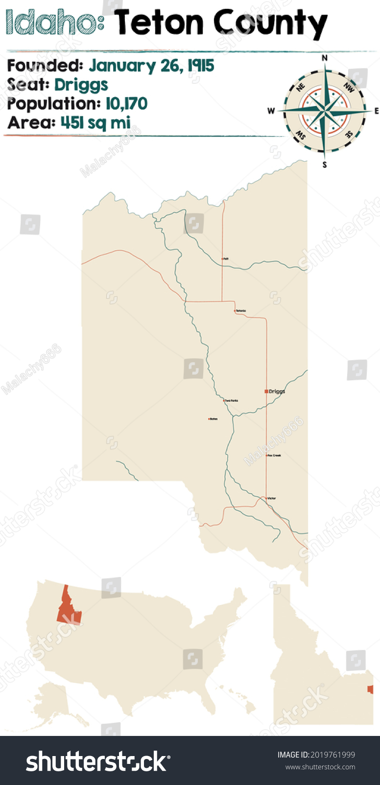 Large and detailed map of Teton county in Idaho, - Royalty Free Stock ...