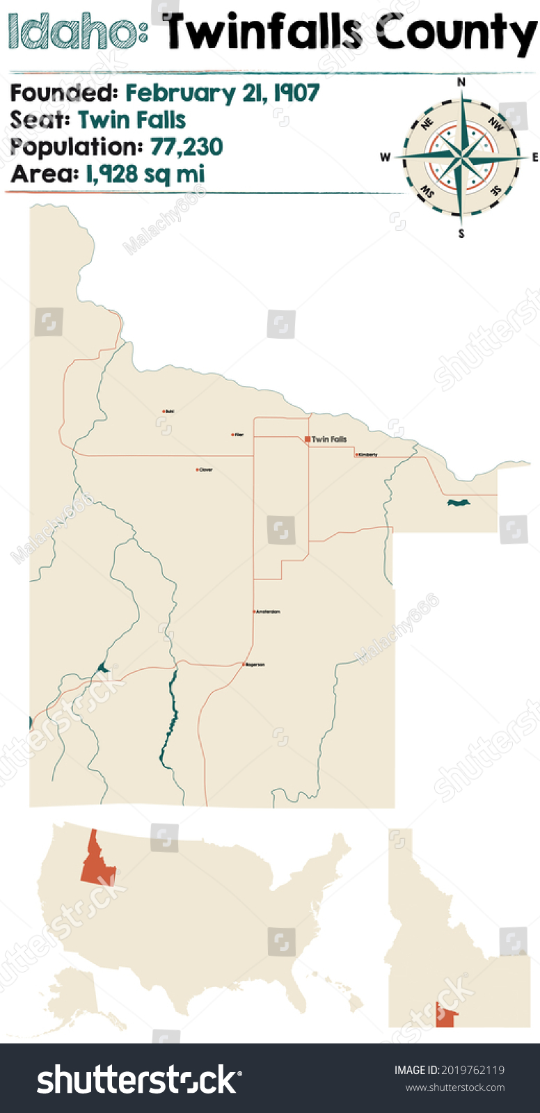 Large and detailed map of Twinfalls county in - Royalty Free Stock ...