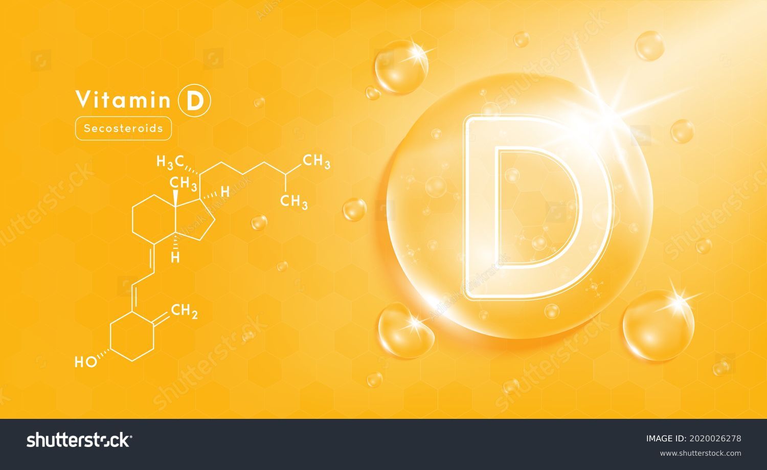 Drop water vitamin D orange and structure. Vitamin complex with Chemical formula from nature. Beauty treatment nutrition skin care design. Medical and scientific concepts. 3D Realistic Vector EPS10. #2020026278