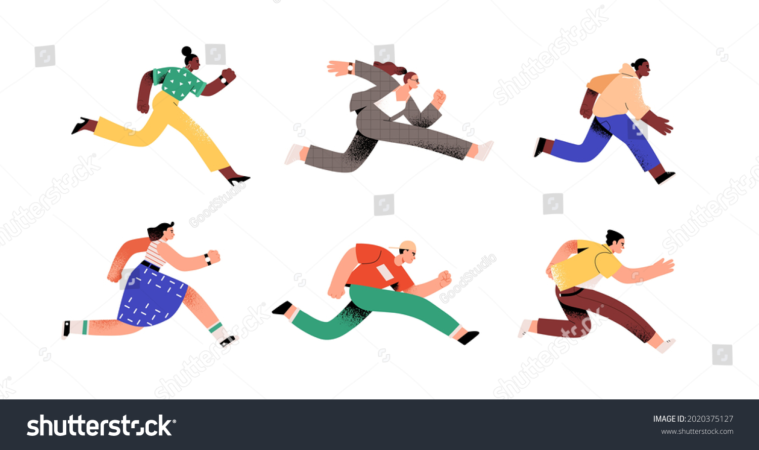 Set of ambitious people running fast, hurrying to their goals and rushing on urgent businesses. Concept of aspiration to success. Flat vector illustration of runners isolated on white background #2020375127