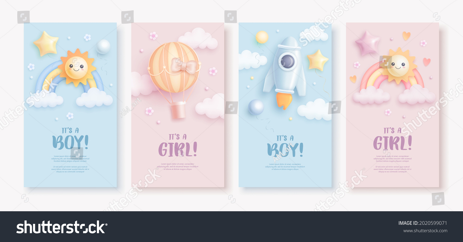 Set of baby shower vertical banner template for social networks stories. Vector illustration of cartoon rainbow, sun, rocket and hot air balloon on blue and pink background. It's a boy. It's a girl #2020599071