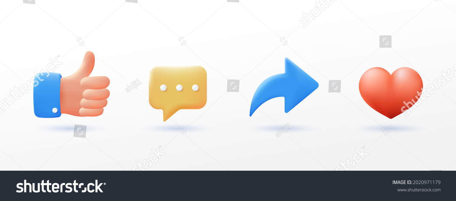 social media icon set thumbs, comment, share and love 3d style #2020971179