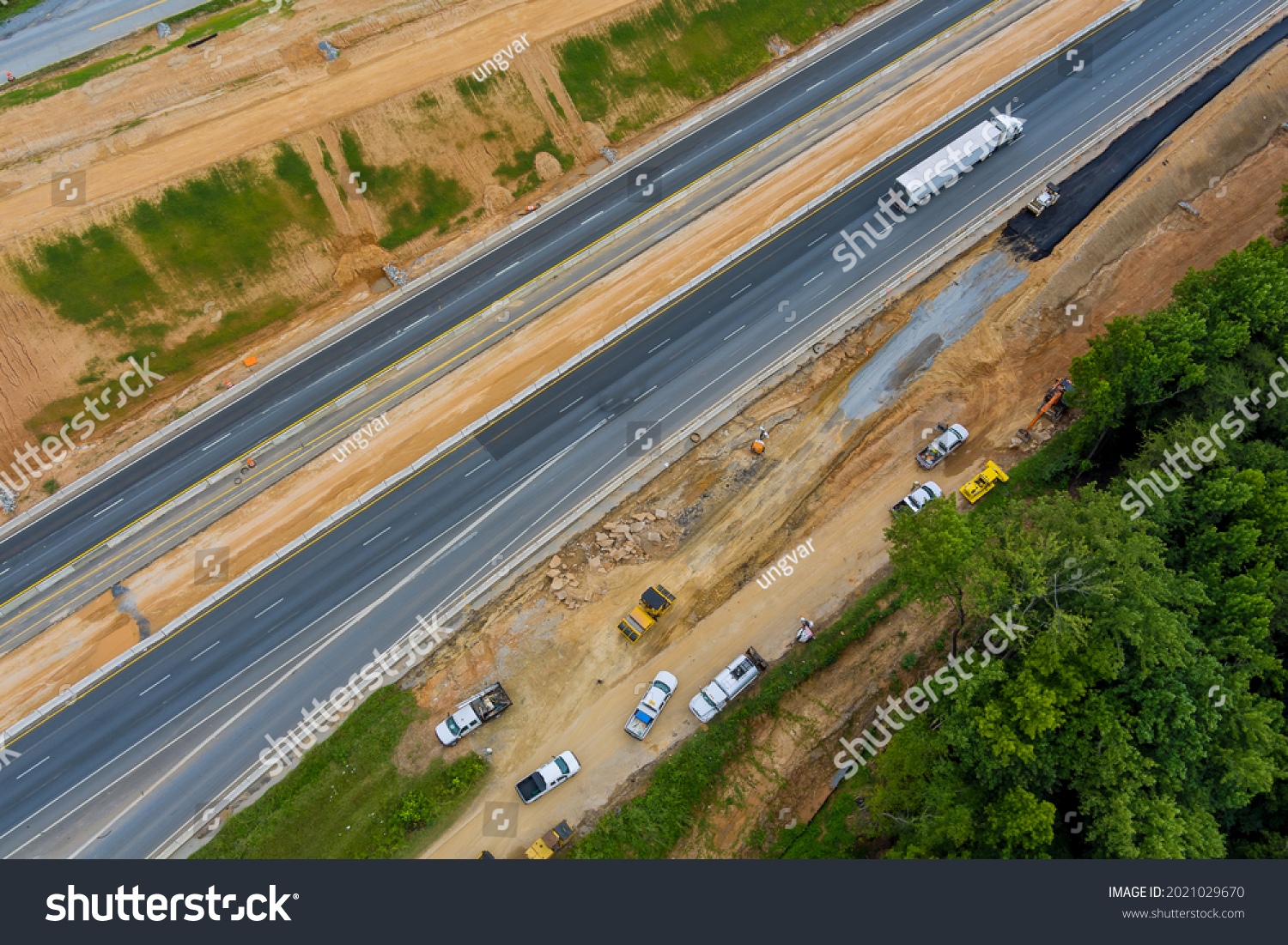 Aerial view of the road under construction, 85 highway reconstruction in South Carolina USA #2021029670