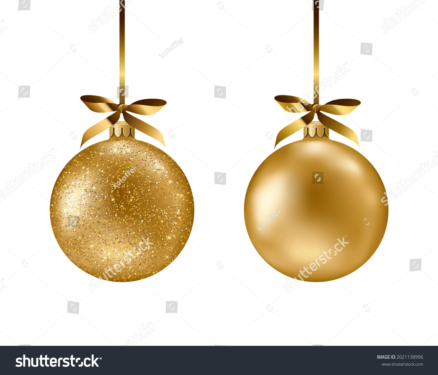 Golden ball set isolated on white background. Vector illustration. Merry Christmas and Happy New Year 2022 sphere decoration hanging with gold ribbon bow. Holiday Xmas toy bauble for fir tree #2021138996