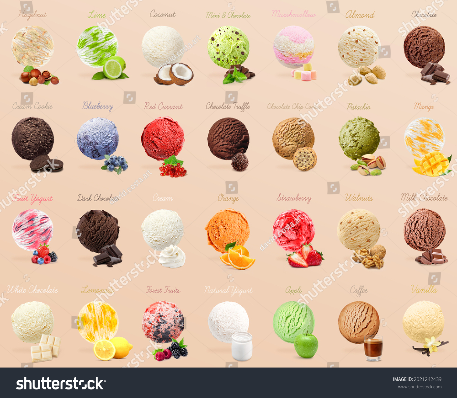 Set of ice creams with different flavors. Ice cream menu with scoops. Hazelnut, lime, coconut, mint chocolate, marshmallow, almond,  cream, blueberry, red currant, truffle, chip cookie, pistachio, man #2021242439