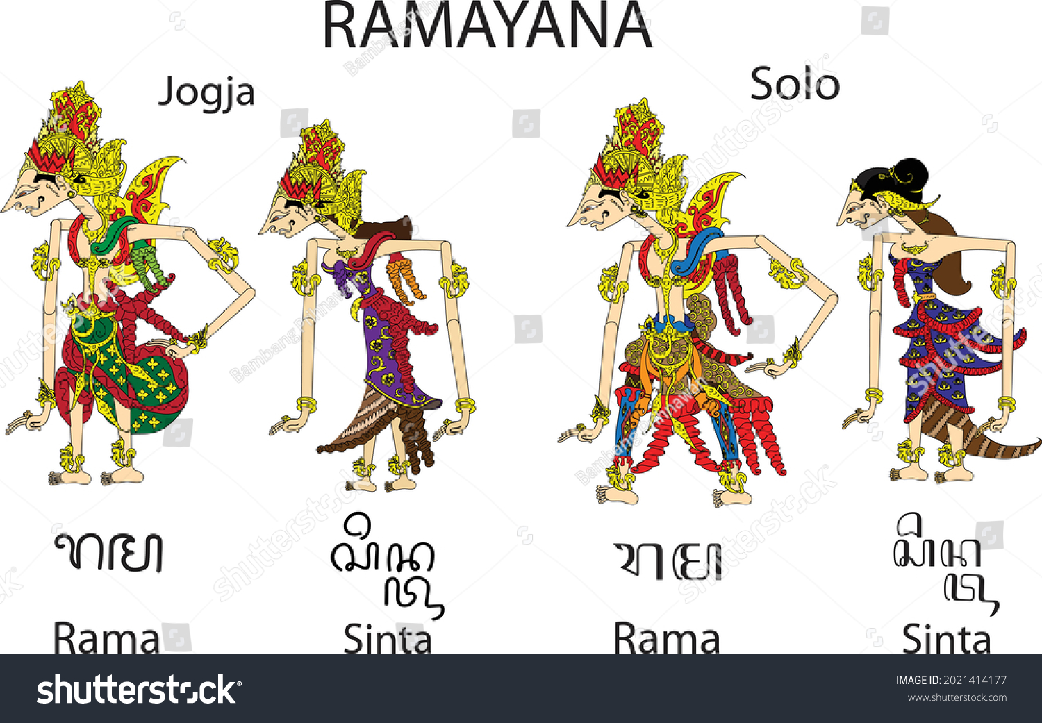  The image shows four Javanese wayang kulit puppets, which are the characters of Rama, Sinta, Rama, and Sinta, from the Ramayana epic.