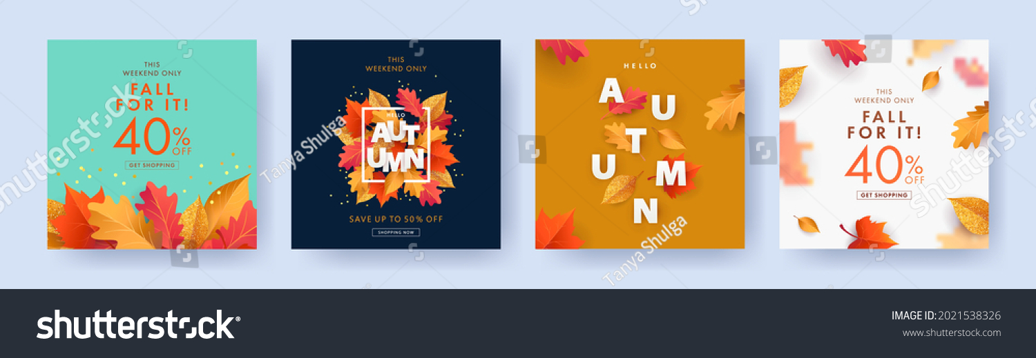 Autumn Sale background, banner, or flyer design. Set of colorful autumn posters with bright beautiful leaves frame, paper cut style letters and lettering. Template for advertising, web, social media #2021538326