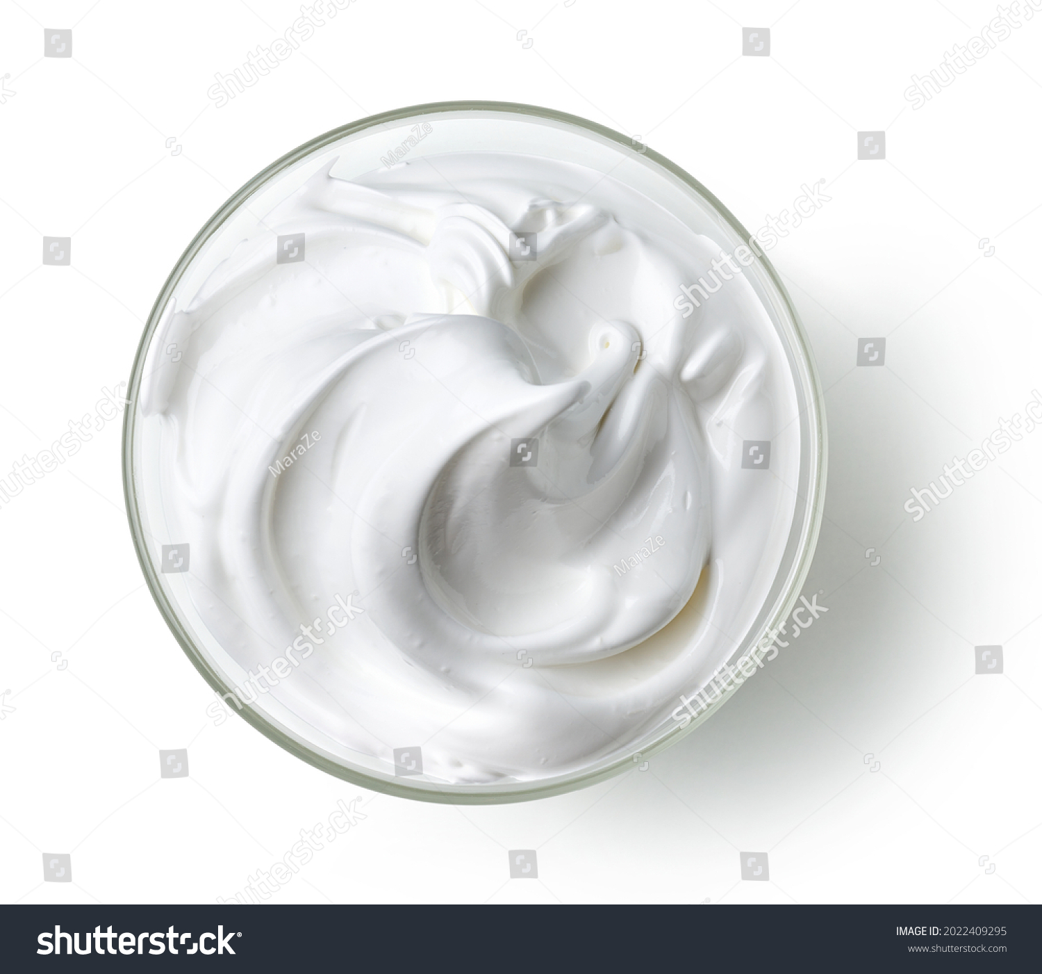 bowl of whipped egg whites and sugar cream isolated on white background, top view #2022409295