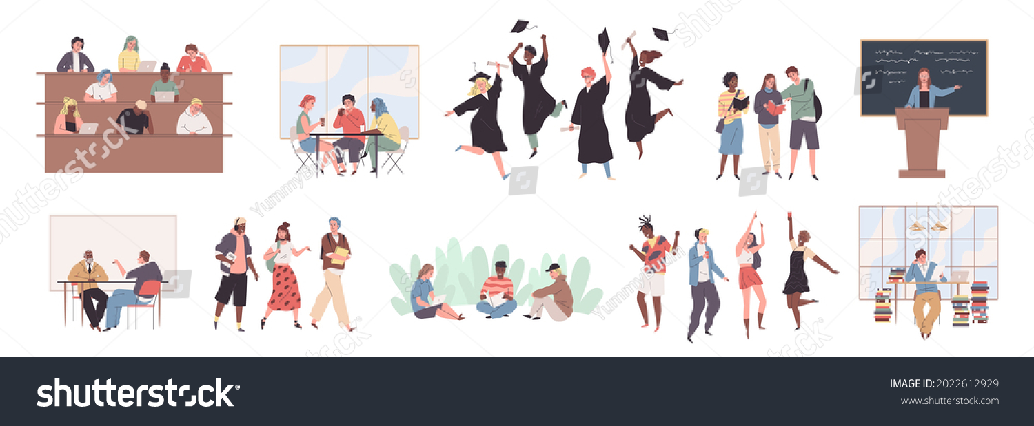 Student life. Young people activities. Guys and girls study at lectures or seminars at university. College learner group. Classmates relax and celebrate graduation. Vector scenes set #2022612929
