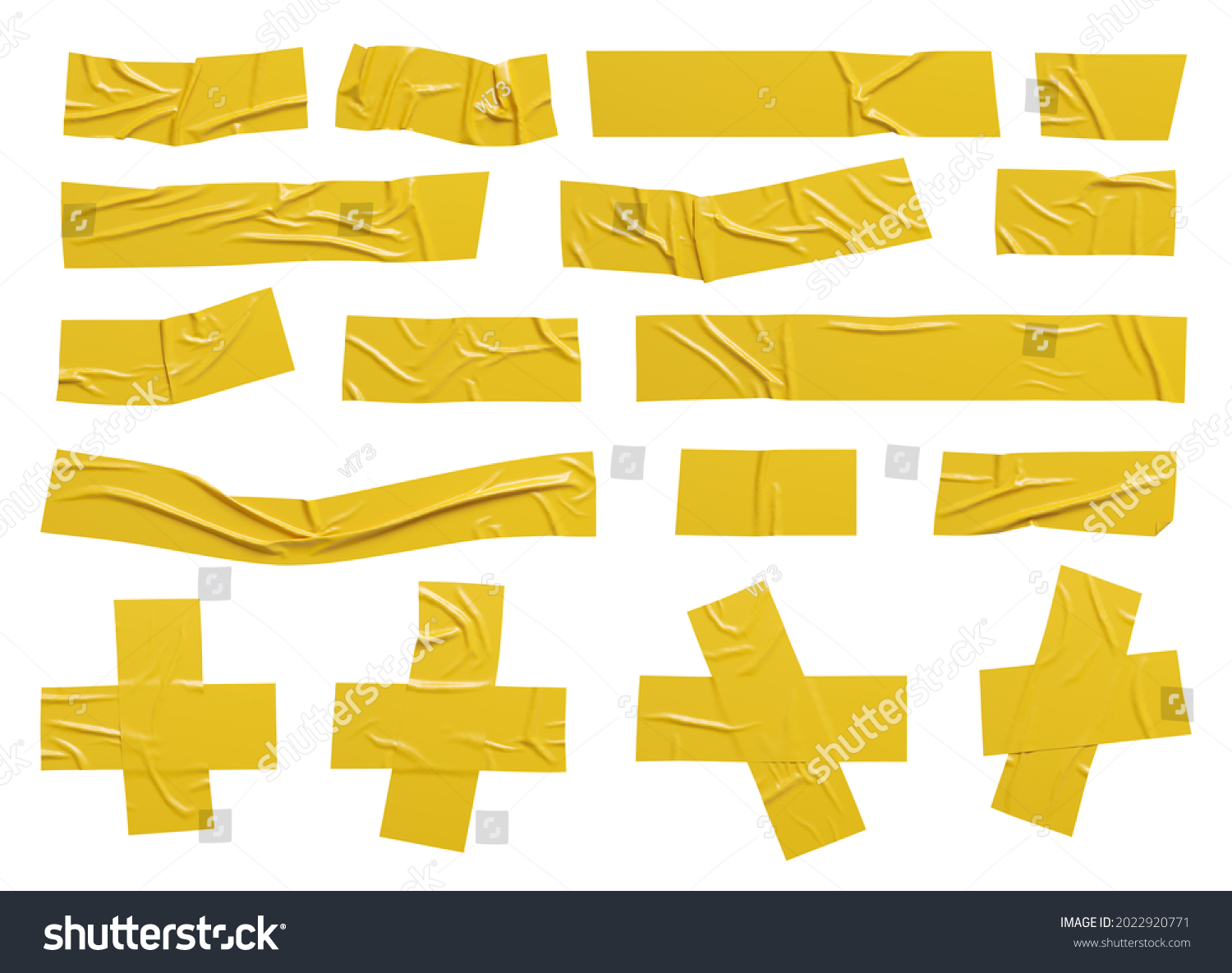 Isolated wrinkled yellow adhesive tape pieces. #2022920771
