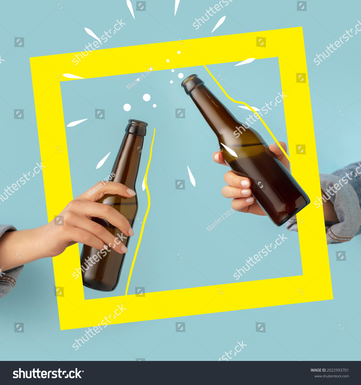 Cheers. Contemporary art composition with two male hands holding beer bottles with lager, cold beer. Concept of festival, national traditions, taste, drinks. Mix photo and illustraion #2022993701