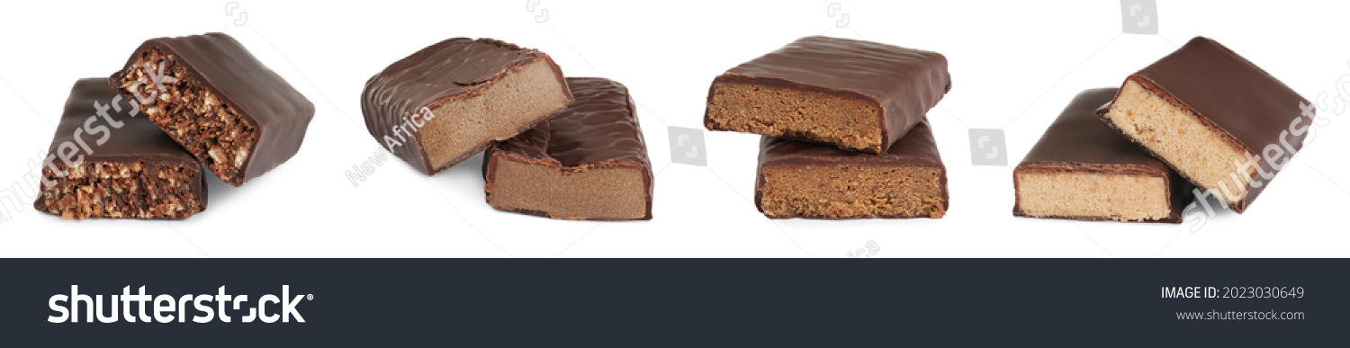 Set with different delicious protein bars on white background. Banner design #2023030649