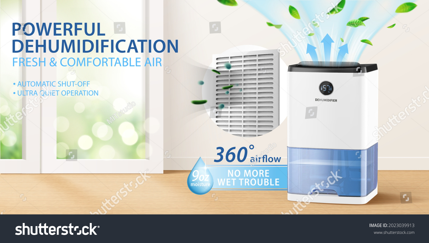 Ad banner design for dehumidifier or air purifier. 3d illustration of house appliance purifying air for house living room. Concept of allergy or covid prevention. #2023039913