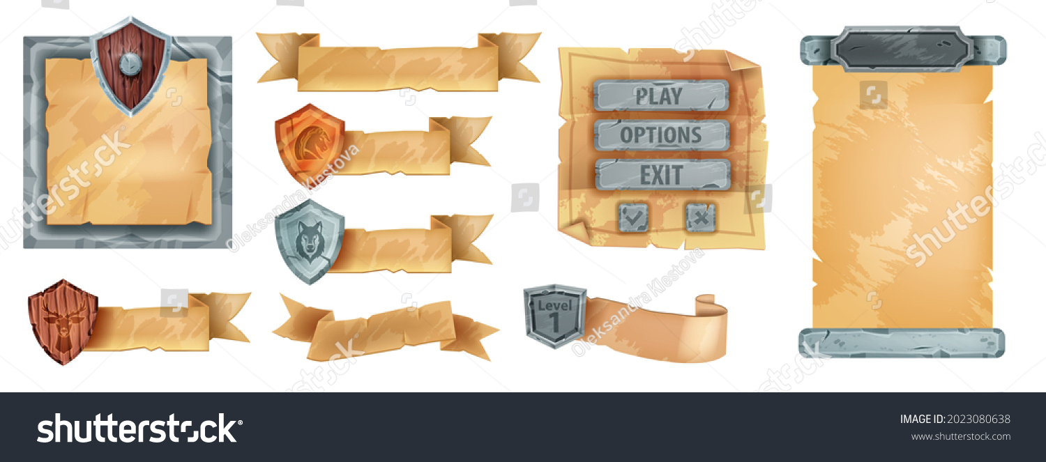 Game ribbon parchment UI set, vector ancient paper menu frame kit, isolated old papyrus banner. User interface medieval manuscript sign board, wooden shield, stone button. Game parchment badge  #2023080638