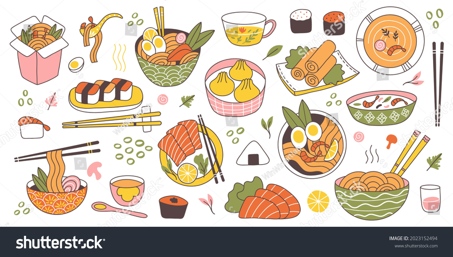 Doodle asian japanese cuisine traditional delicious food. Chinese, korean, japanese rice, noodles, fish and meat dishes vector illustration set. Oriental cuisine food as sushi, soup #2023152494
