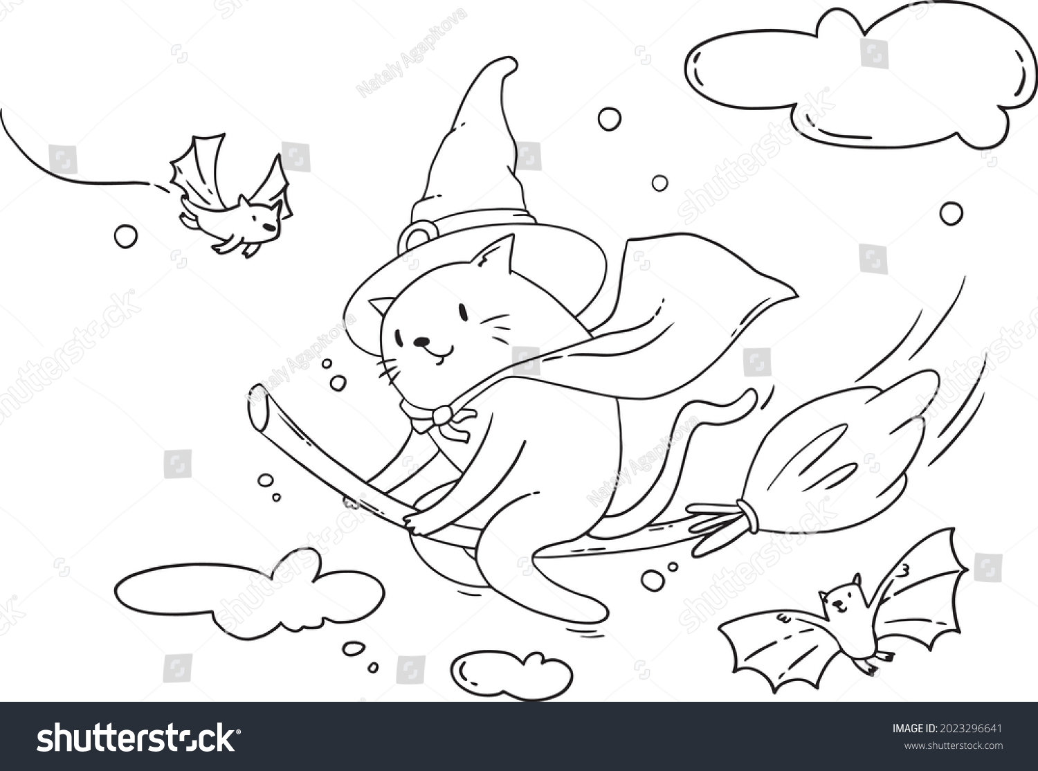 Coloring page Halloween cat flying on a - Royalty Free Stock Vector ...