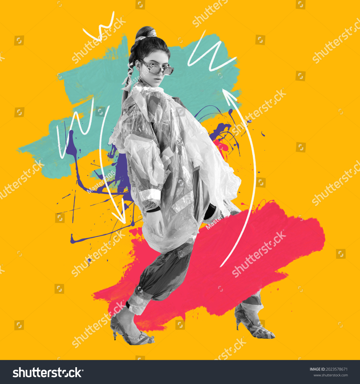 Contemporary design. Young beautiful female fashion model in clothes made of plastic bags over orange background with paint strokes. Concept of design, fashion, vintage style #2023578671