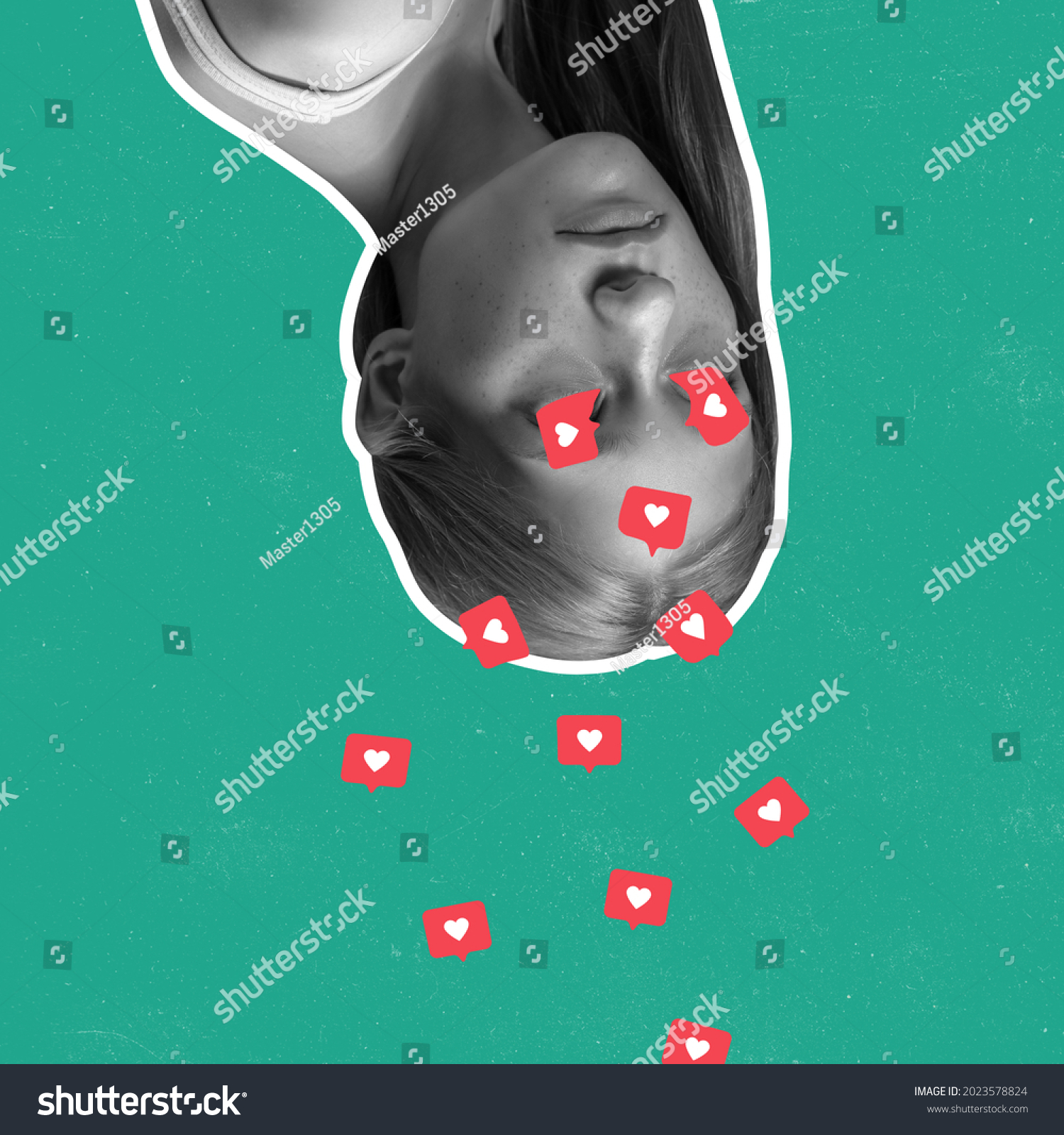 Life for likes. Contemporary art collage with girls and social media activity signs, likes icons, heart shapes over green background. Real youth modern lifestyle, internet addiction, gadgets concept #2023578824
