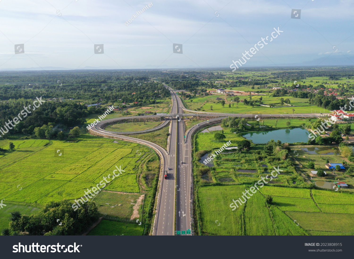 Aerial photo shows a view of the Vientiane-Vangvieng section of the China-Laos expressway in Vientiane, Laos #2023808915