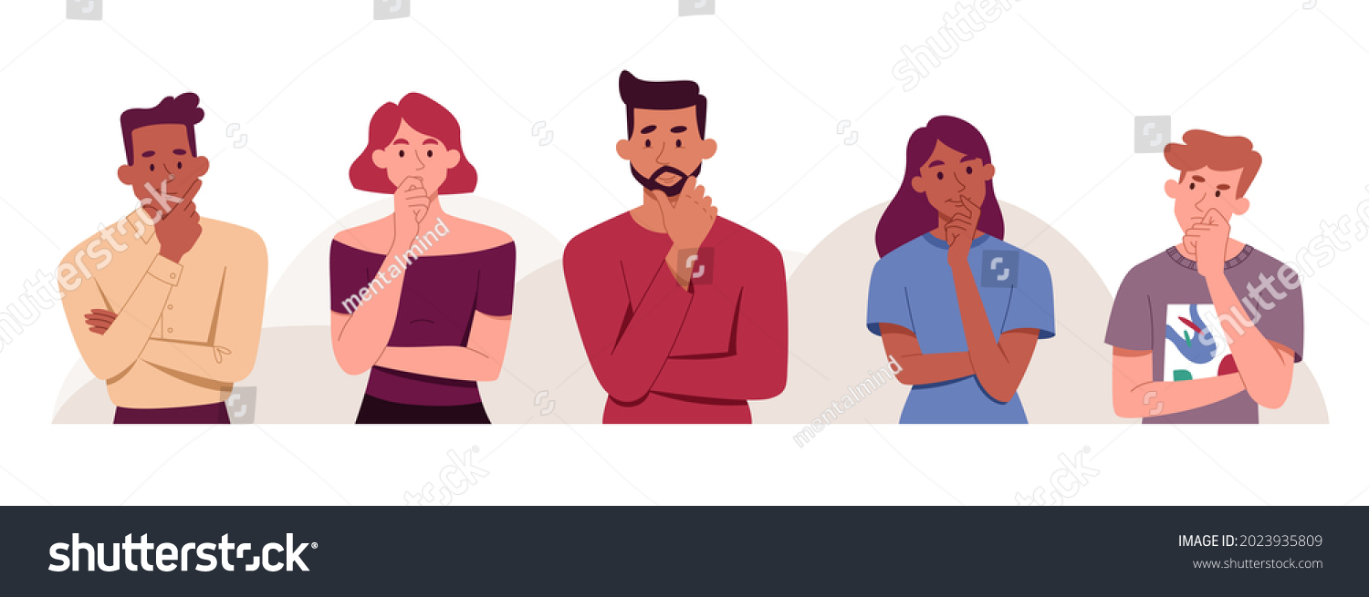 Male and female characters standing and thinking together on white background. Concept of people wondering or thinking, planning or pondering and holding hand by chin. Flat cartoon vector illustration #2023935809