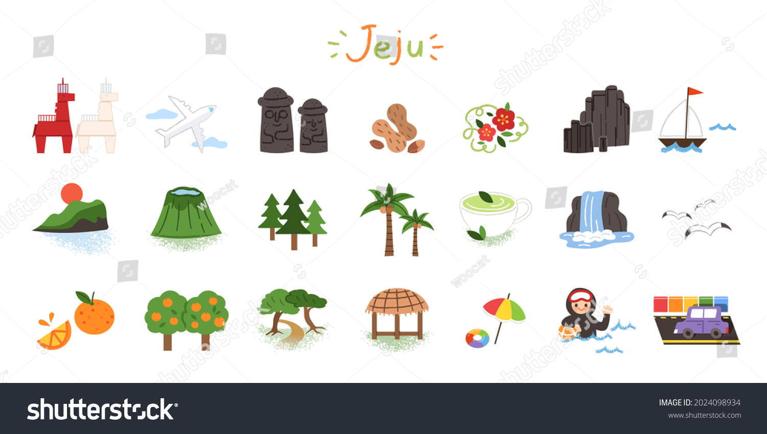A collection of landmarks and specialties icons of Jeju Island. Vector illustrations of haenyeo, dolhareubang, tangerines, tourist attractions, etc. #2024098934