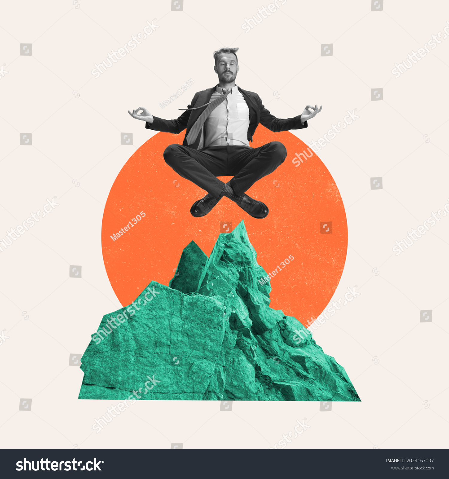 Funny meditation. Young manager or clerk dreaming at office isolated on light background. Contemporary art collage. Inspiration, idea, trendy. Concept of professional occupation, business, ad. #2024167007