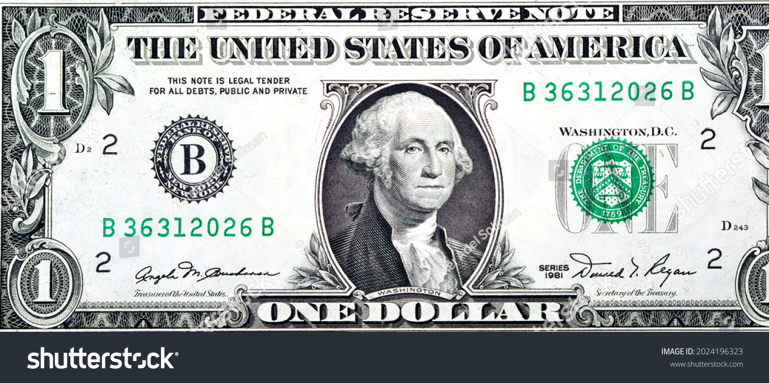 Large fragment of the Obverse side of 1 one dollar bill banknote series 1981 with the portrait of president George Washington, old American money banknote, vintage retro, United States of America #2024196323