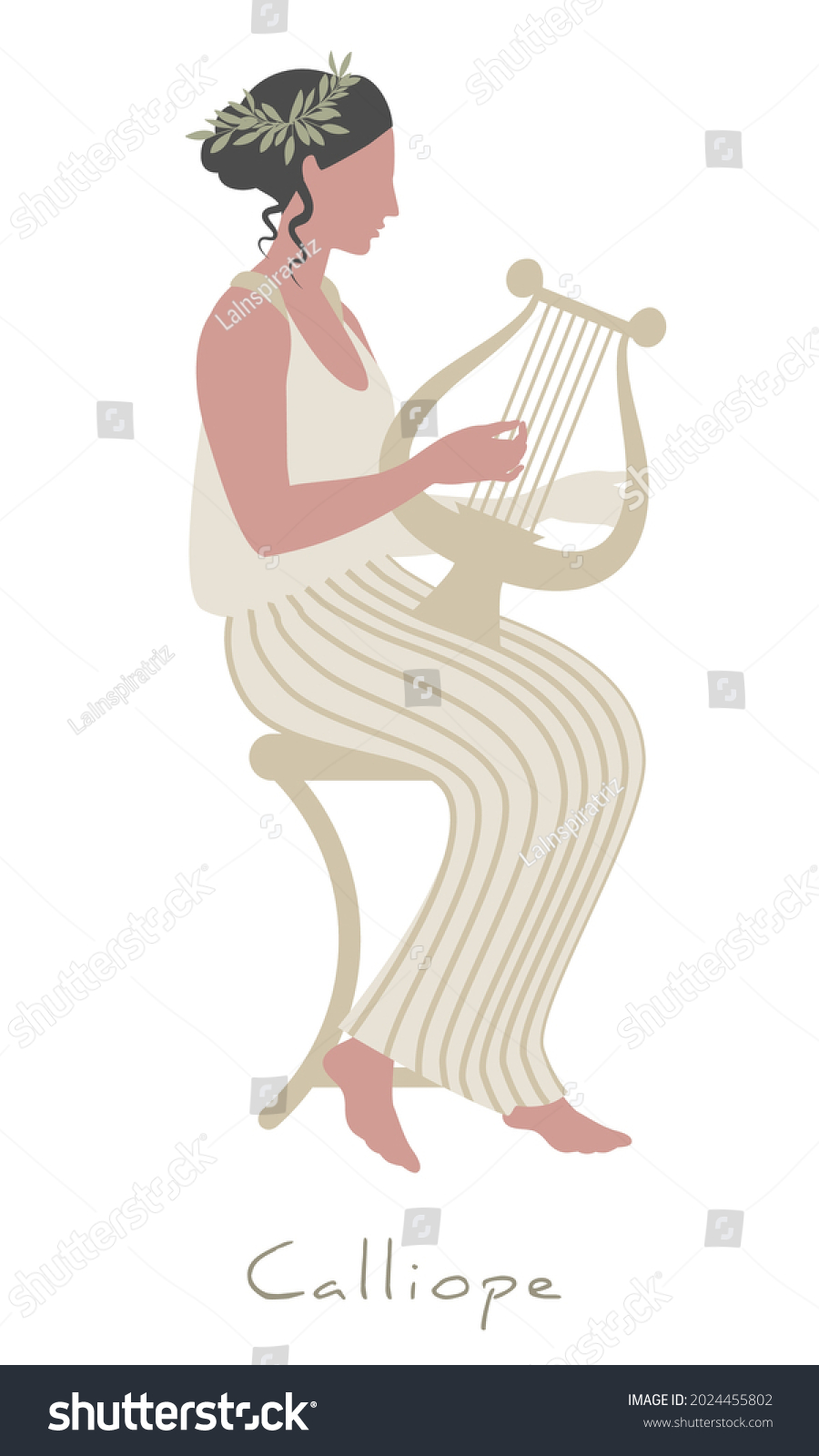 Girl wearing laurel wreath, dressed in ancient Greek style playing the lyre. Greek mythology. Muse Calliope. Isolated on white background. #2024455802