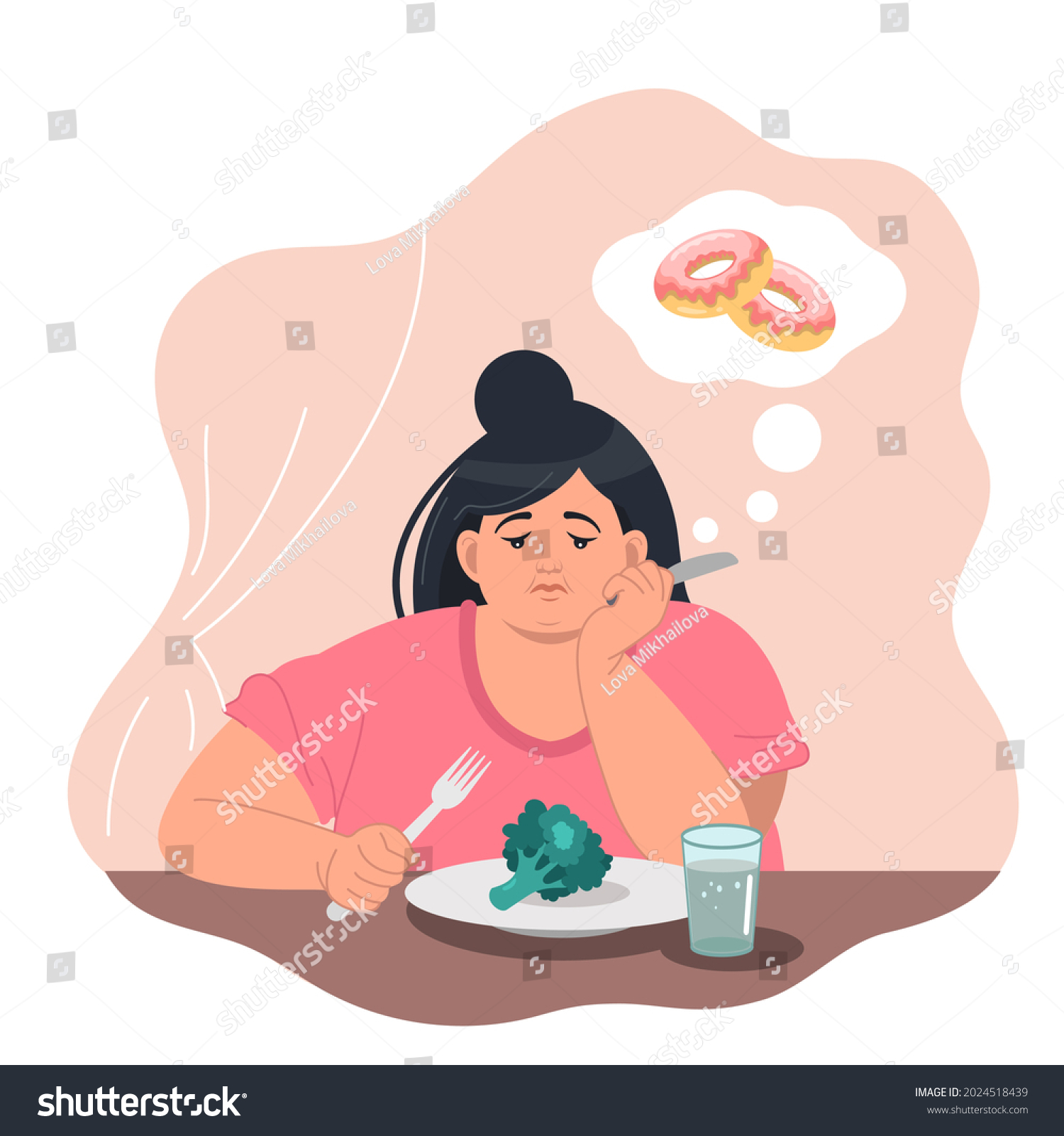 A sad obese woman is sitting at the table with a plate of broccoli. A woman on a diet dreams of a donut. Healthy lifestyle and bad habits. The concept of weight loss and diet. Vector illustration #2024518439