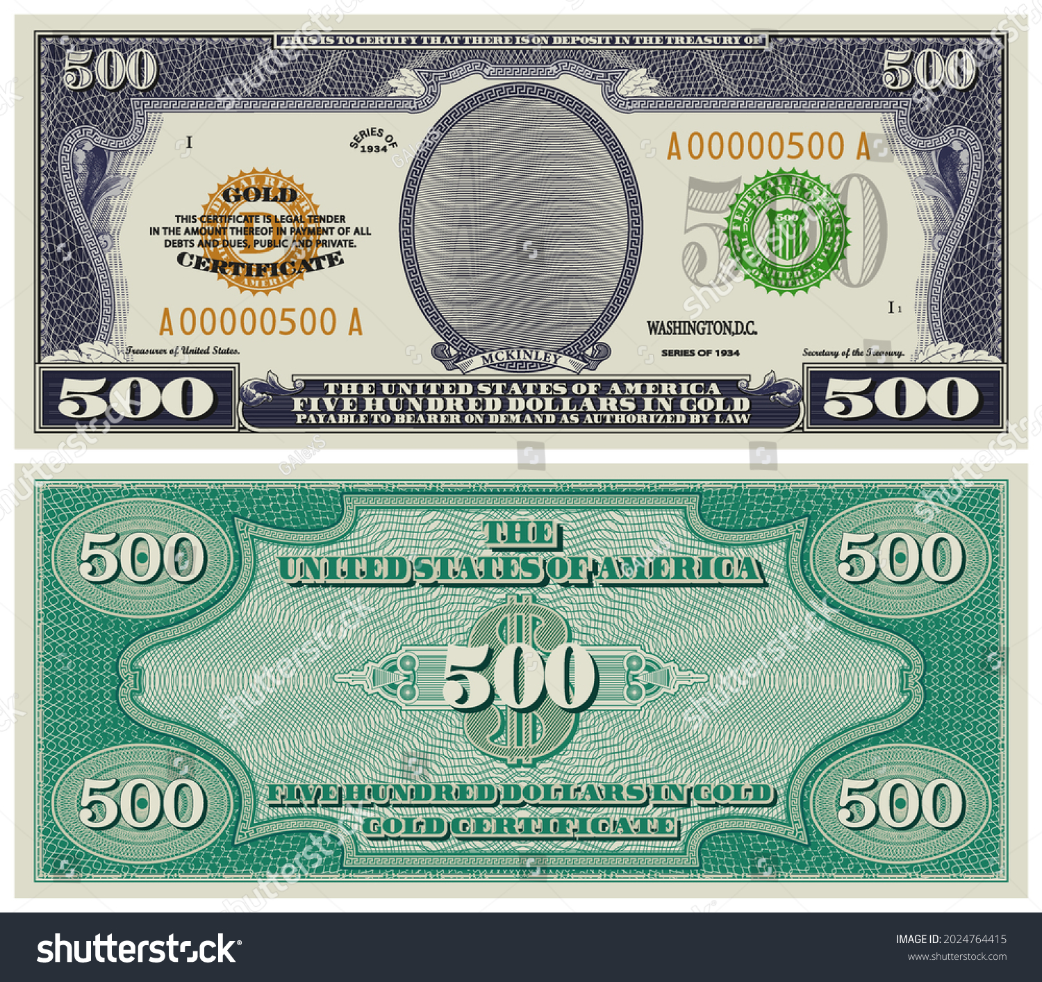 Fictional obverse and reverse of a gold certificate with a face value of 500 dollars. US paper money. McKinley #2024764415