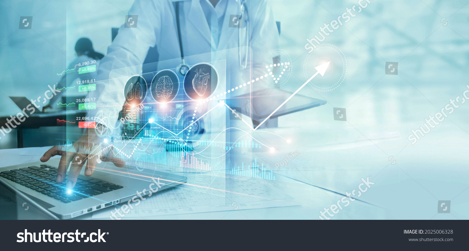 Healthcare business graph data and growth, Medical examination and doctor analyzing medical report on network connection on virtual screen. Healthcare investment and financial. #2025006328
