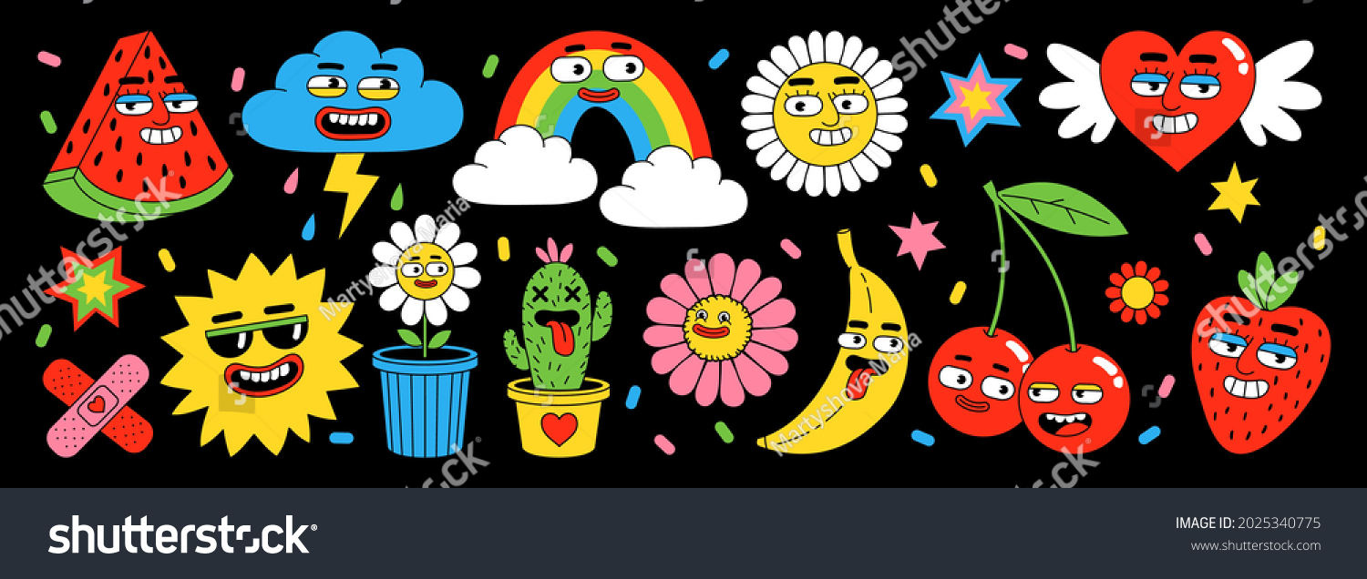 Sticker pack of funny cartoon characters. Vector illustration of comic heart, sun, fruits, berry, rainbow, clouds, flower, abstract faces etc. Big set of comic elements in trendy retro cartoon style. #2025340775