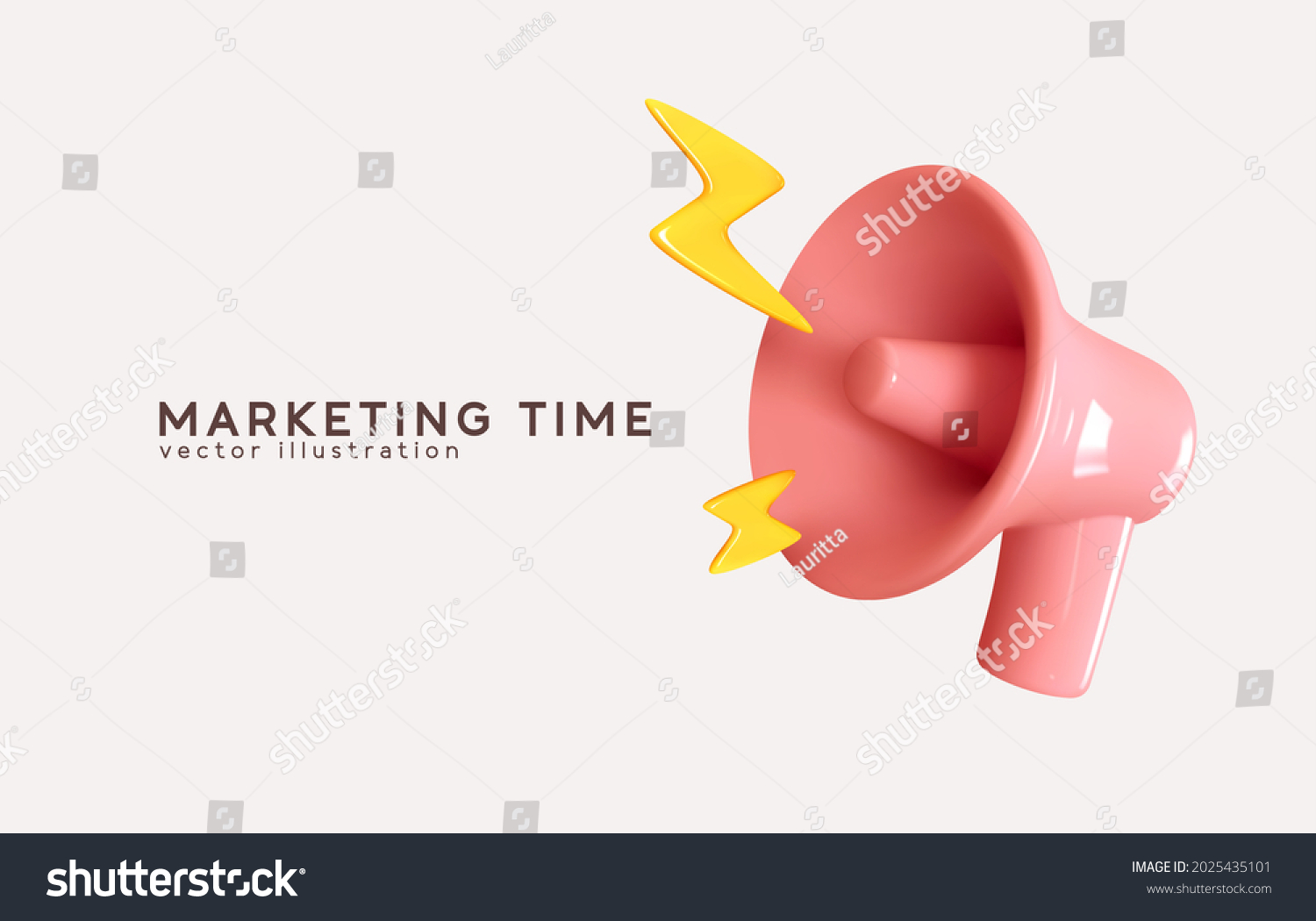 Marketing time concept, realistic 3d megaphone, loudspeaker with lightning. Vector illustration #2025435101