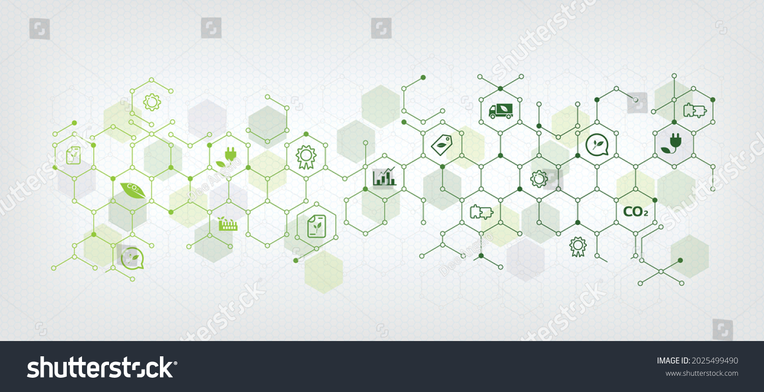 Sustainable business or green business vector illustration background. with connected icon concepts related to environmental protection and sustainability in business and hexagon #2025499490