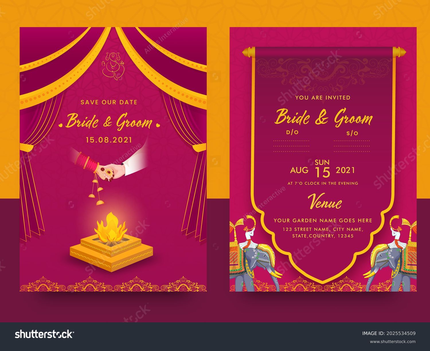 Indian Wedding Card Template With Fire Pit (Agnikund) In Pink And Orange Color. #2025534509