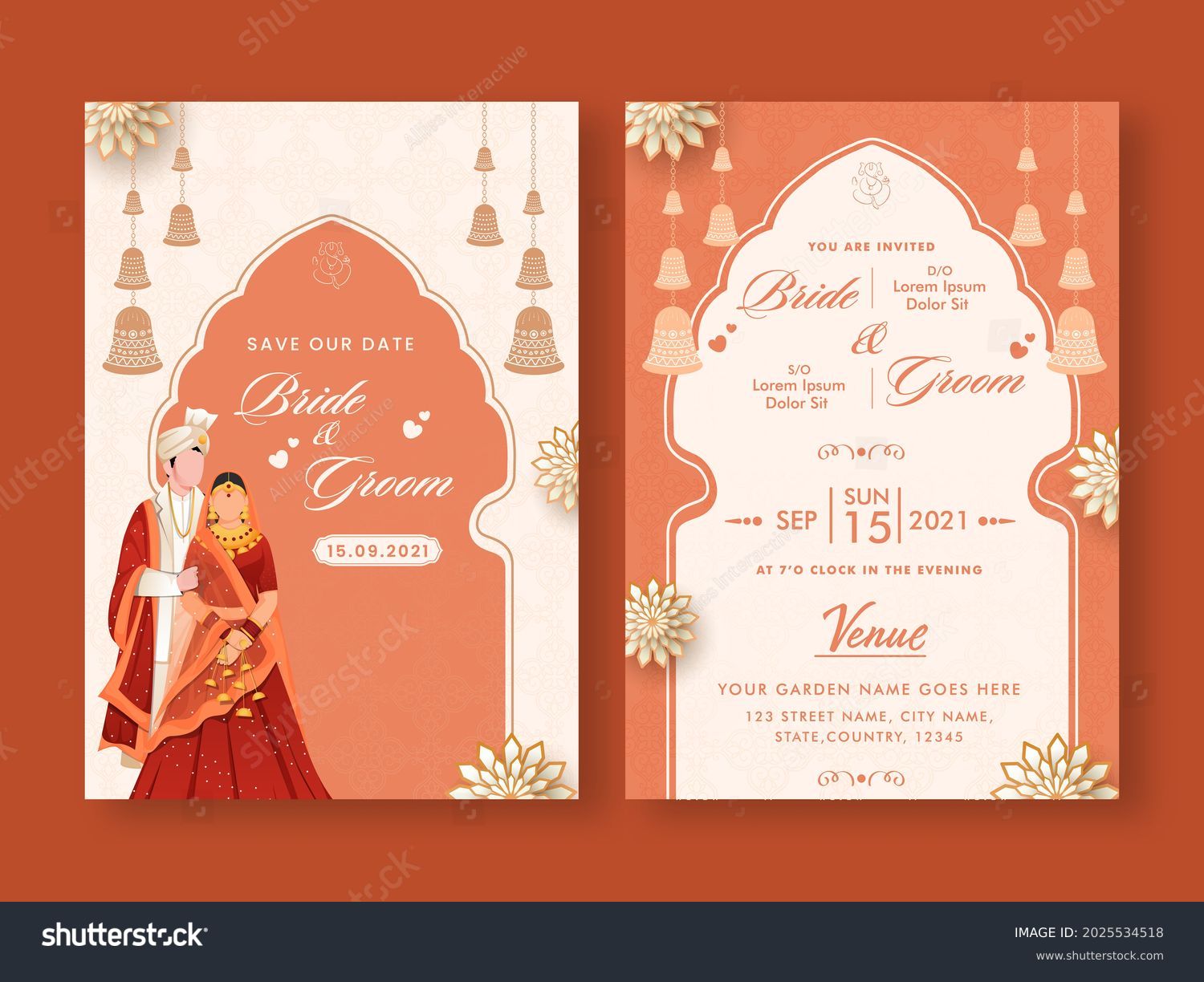 Wedding Invitation Template Layout With Indian Couple Image In White And Orange Color. #2025534518
