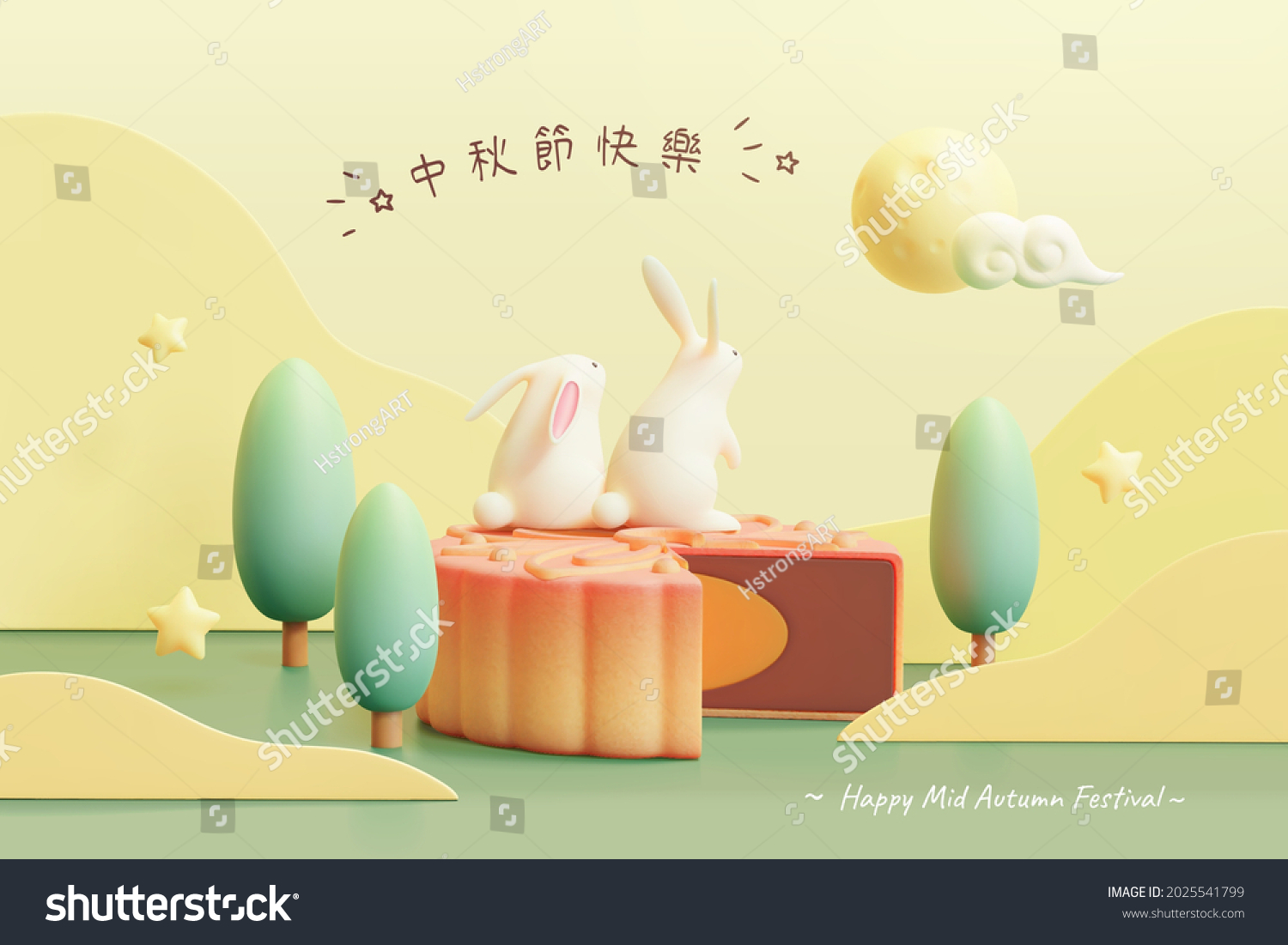 Creative Mid Autumn Festival or Chuseok greeting card. 3d illustration of two rabbits sitting on a moon cake and watching the full moon. Translation: Happy Mid Autumn Festival. #2025541799