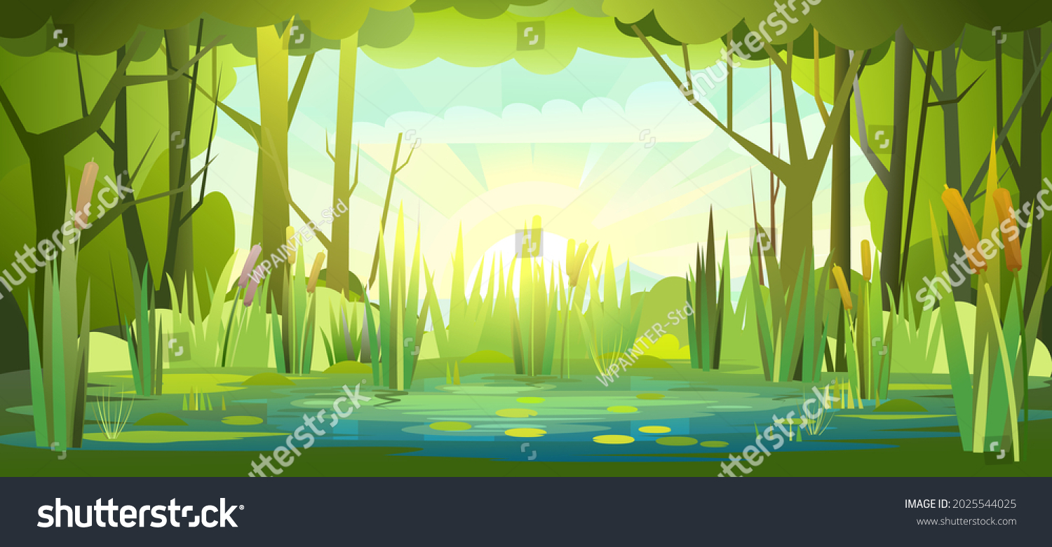 Summer forest landscape with a pond. Bank of a river or lake. Morning sunrise. Trees and thickets. Sky with clouds. Swamp illustration. Flat style. Water waves. Vector #2025544025