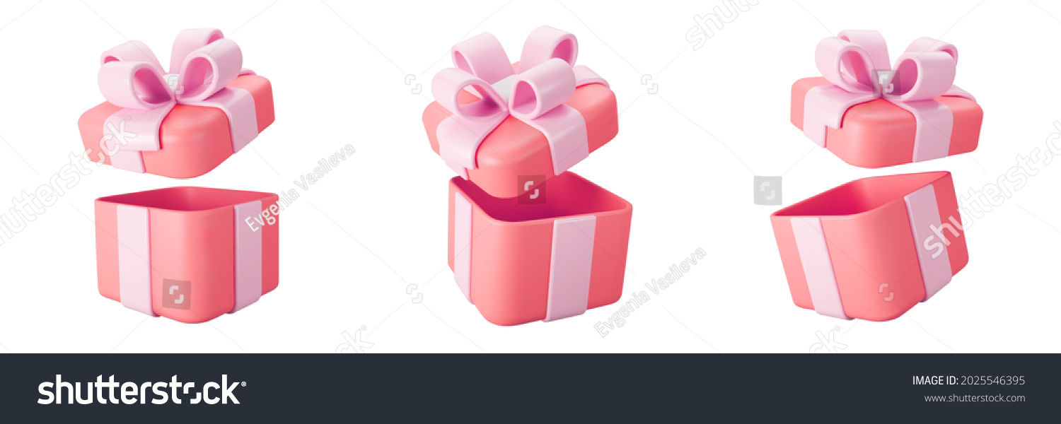 3d red open gift box set with pastel ribbon bow isolated on a white background. 3d render flying modern holiday open surprise box. Realistic vector icon for present, birthday or wedding banners #2025546395