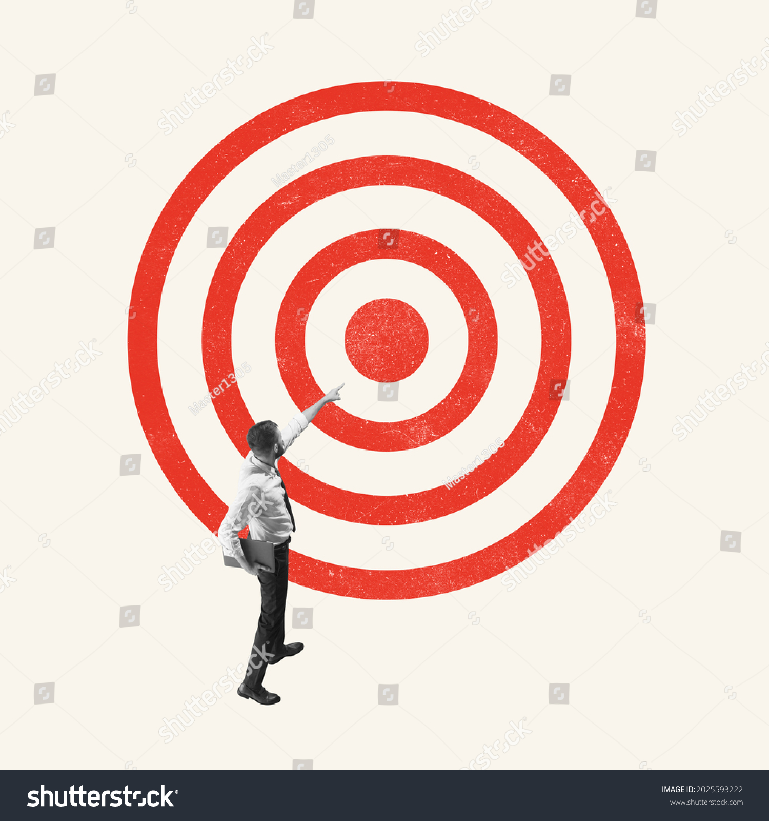 Goal, task. Young man, office worker, employee standing in front of target isolated on light background. Concept of finance, economy, goals, achievements, occupation. Copy space for ad #2025593222
