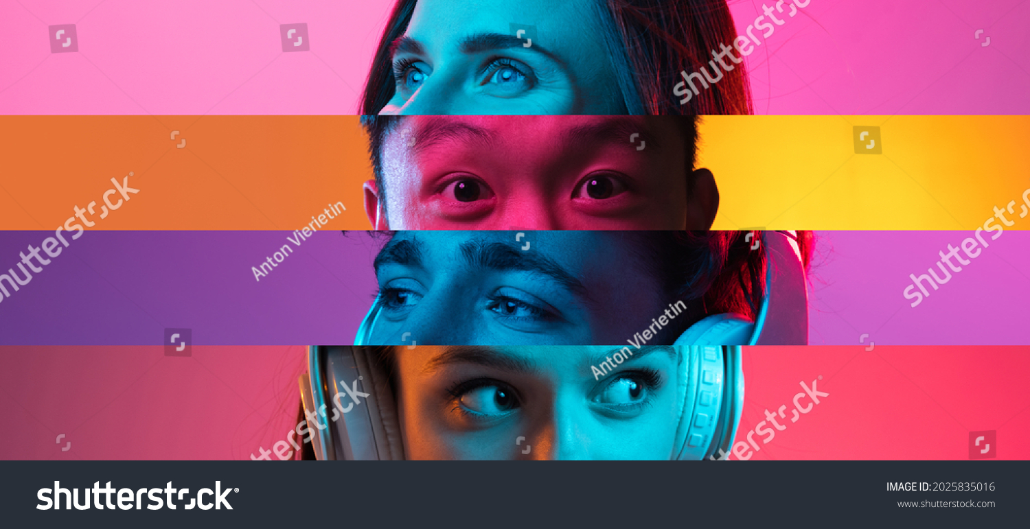 Narrow stripes. Collage of cropped male and female faces, eyes isolated over multicolored backgrounds in neon lights. Close-up. Concept of human emotions, facial expressions #2025835016