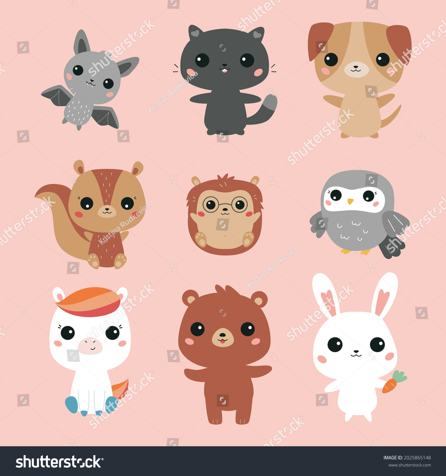 Vector set of kawaii animals. Cute cartoon bat, cat, dog, squirrel, hedgehog, owl, pony, bear and bunny. #2025865148