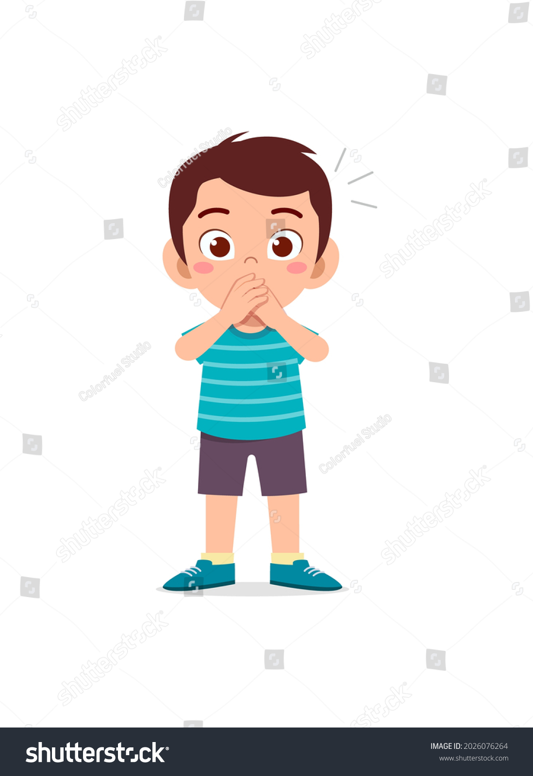 cute little boy covering mouth with hand pose - Royalty Free Stock ...