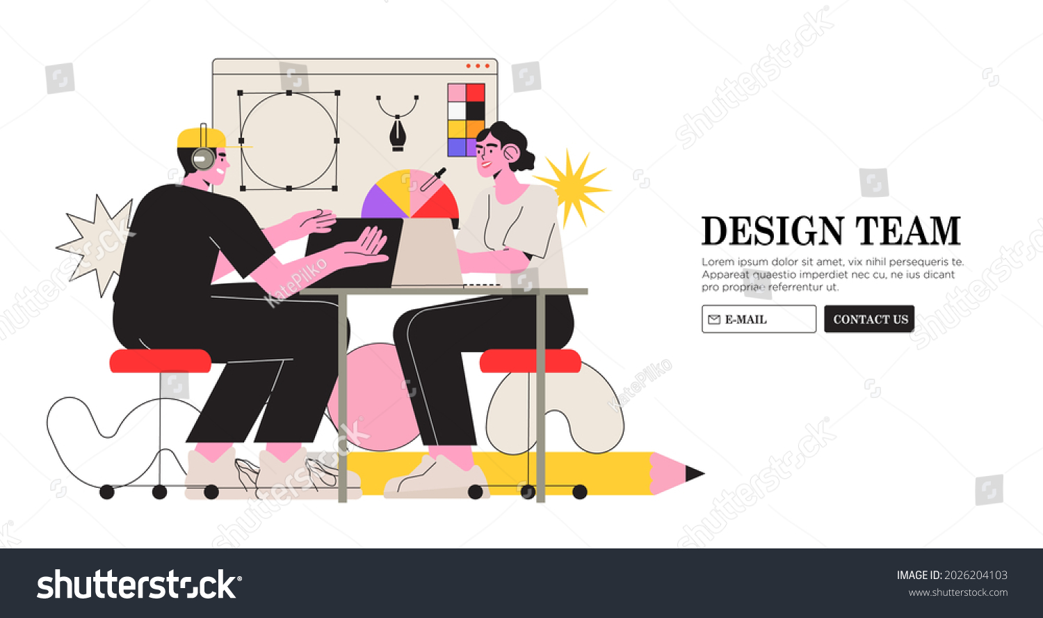 Web design studio or team working on laptops and discuss new project visualization. Creative or educational process banner, ad, landing page or poster for web design studio job or career and courses. #2026204103