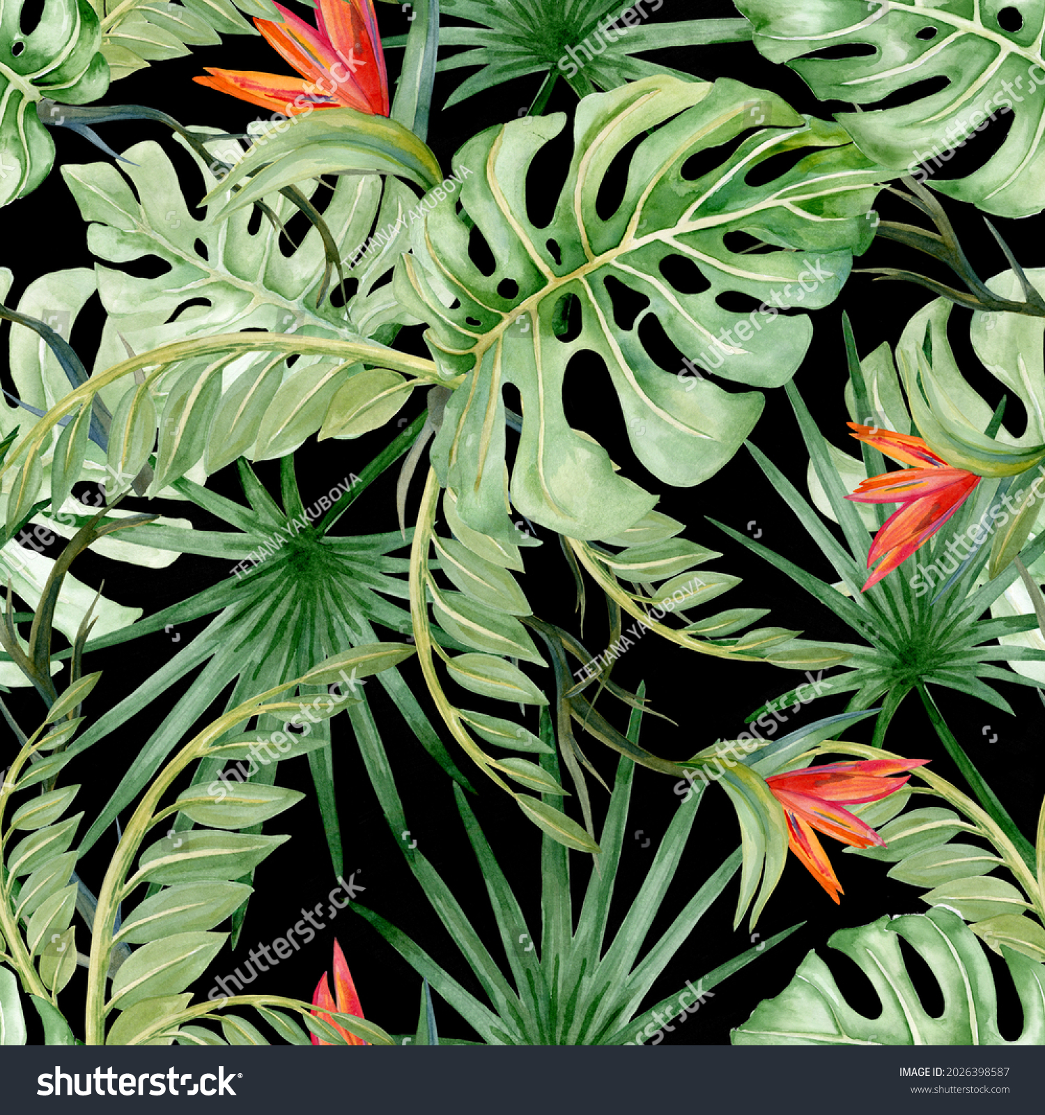 Floral watercolor seamless pattern with tropical plants. Monstera leaves, palms, branches, vines and bright flowers on a black background #2026398587